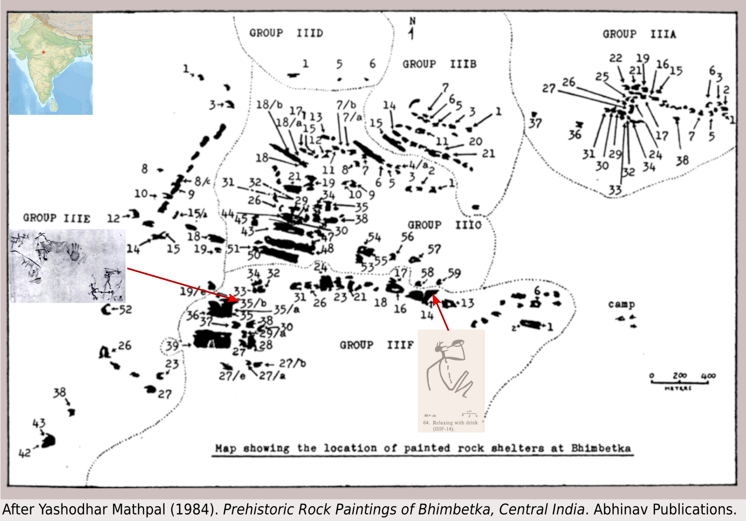 Bhimbekta painted rock shelters map (Madhya Pradesh, India) by Yashodhar Mathpal, 1984